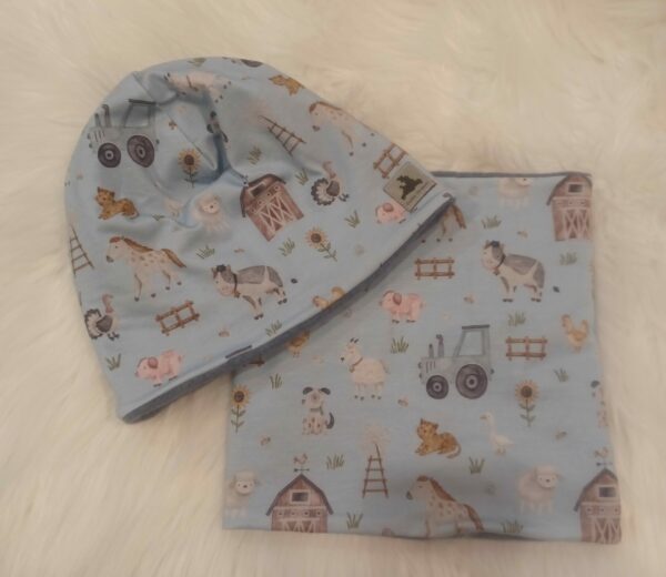 Set Haube Mütze und Loop mit Warmfutter Bauernhof Grund blau