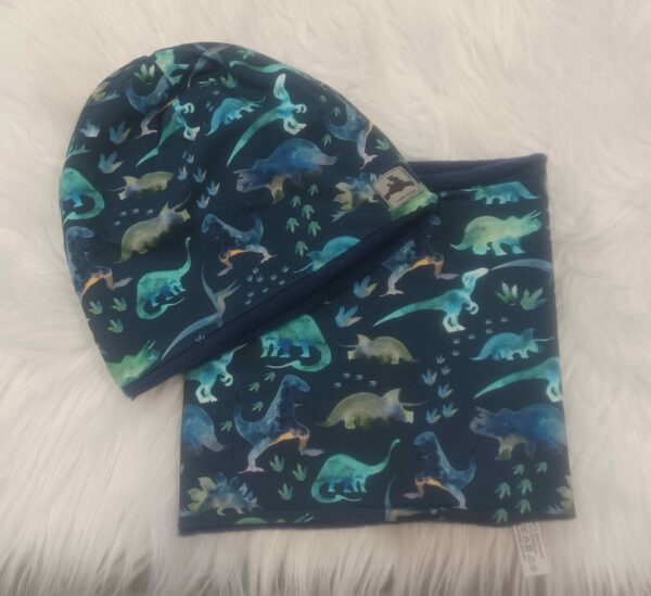 Set Haube Mütze und Loop mit Warmfutter Dino