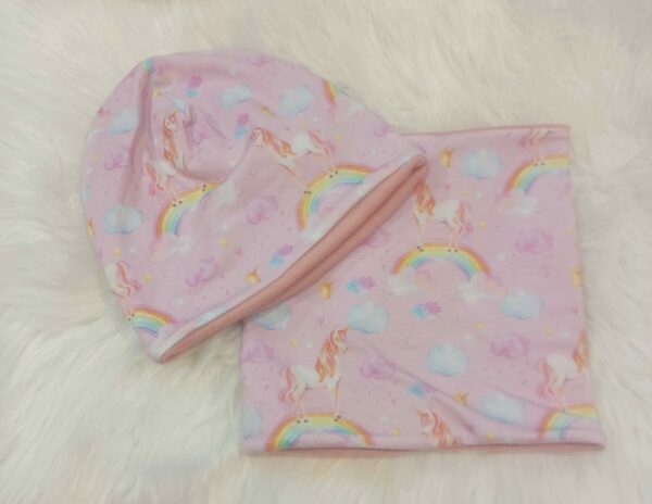Set Haube Mütze und Loop mit Warmfutter Einhorn rosa