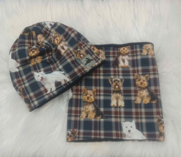 Set Haube Mütze und Loop mit Warmfutter Hund Grund Karo