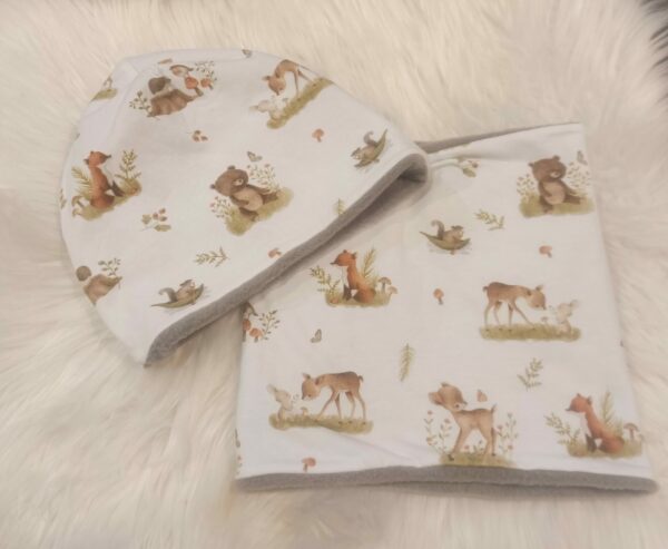 Set Haube Mütze und Loop mit Warmfutter Waldtiere Grund creme