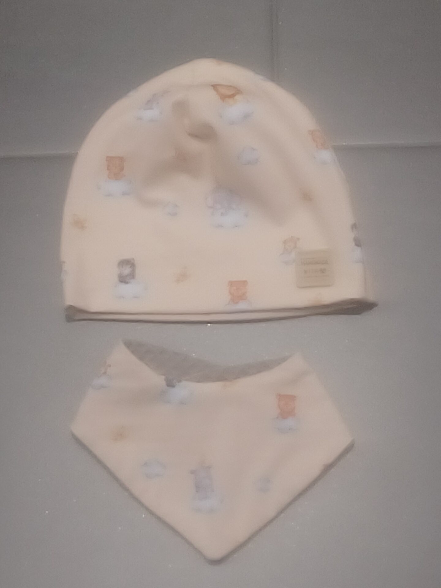 Set Mütze Babytiere beige Gr. 44-48 mit Dreieckstuch